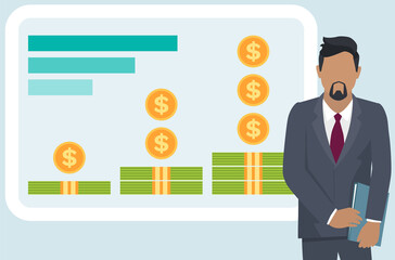 Serious businessman dressed in suit analyzes indices on presentation with charts with dollar and coin signs, examines indicators of activity growth. Project management and financial report strategy