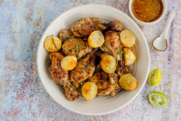 Baked Chicken and Potatoes in a Skillet with Lemon and Fresh Roemary on a Wooden Base Top Down Food Photo