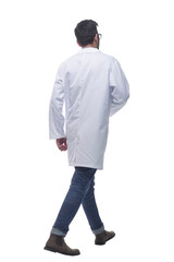 tired doctor walking away. isolated on a white background.