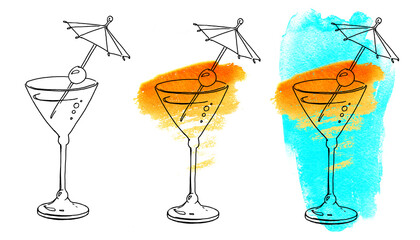 Cocktail glass set. Line art Drawing with Abstract Watercolor Colorful Spots