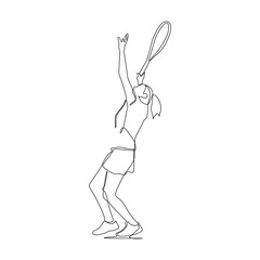 Young female playing tennis to serve the ball - continuous one line drawing