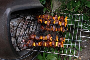 Brochettes cuites au barbecue en gros plan