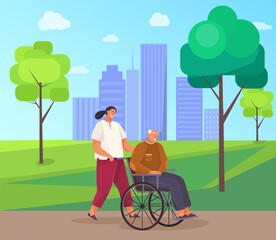 Woman rolls old man in wheelchair. Grandfather walks and sits in disabled carriage in city park. Girl take care of retiree from nursing home. People stroll along walkway with green trees in garden