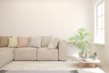 Soft color living room with sofa. Scandinavian interior design. 3D illustration