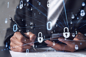 Businesswoman in formal wear signing the contract to prevent probability of risks in cyber...
