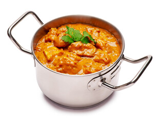 Pot of Traditional Chicken Curry isolated on white background with clipping path embedded