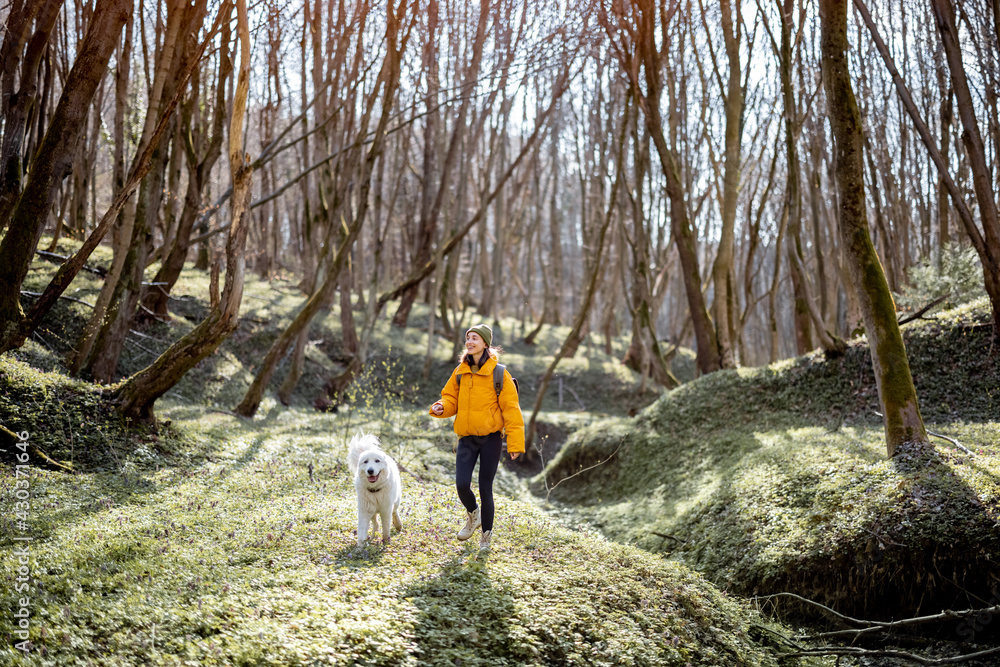 Wall mural young woman in hiking clothes and backpack spend time together with big white dog in green spring fo