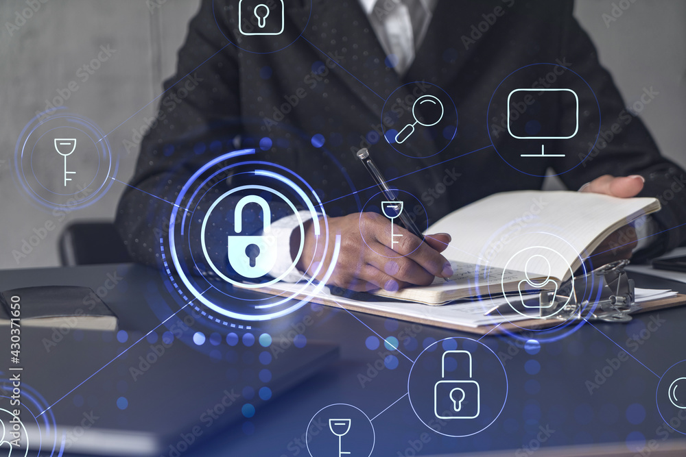 Poster businesswoman is taking notes of clients needs to protect cyber security from hacker attacks and sav