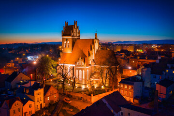 Teutonic church in Gniew illuminated at night, Poland