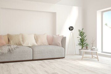 Soft color living room with sofa. Scandinavian interior design. 3D illustration