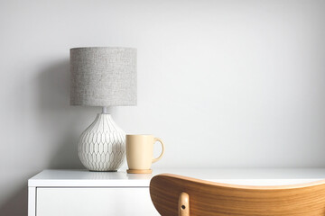 Elegant feminine workspace. Rustic Scandinavian living room interior. Work from home concept. © photoguns