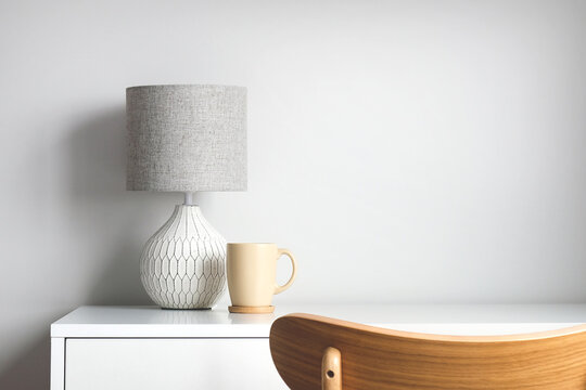 Elegant feminine workspace. Rustic Scandinavian living room interior. Work from home concept.