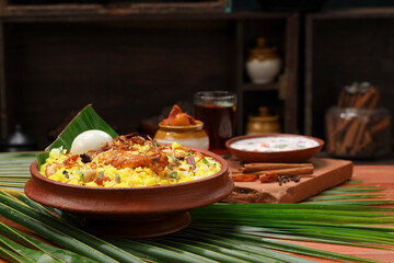 Chicken dum  Biryani_Indian Biriyani_wooden background