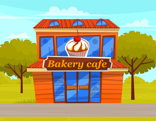 Obraz premium Bakery cafe building facade with signboard and cupcake. Baking store, coffee, bread, pastry and dessert shop. Showcases with big blue windows. Market or supermarket in city park with green trees