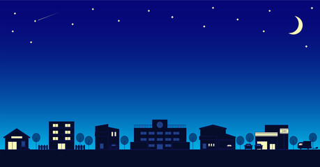シンプルな街並みと学校の背景素材　夜