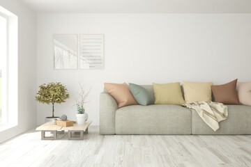 Fototapeta premium Soft color living room with sofa. Scandinavian interior design. 3D illustration