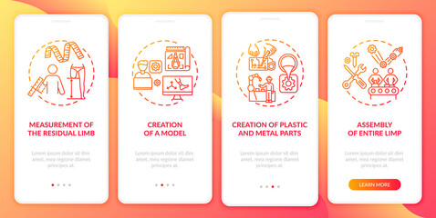 Artificial limb manufacture onboarding mobile app page screen with concepts. Limb measurement walkthrough 4 steps graphic instructions. UI, UX, GUI vector template with linear color illustrations