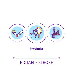 Physiatrist concept icon. Person who treats patients who have had amputation or hard body part injury idea thin line illustration. Vector isolated outline RGB color drawing. Editable stroke