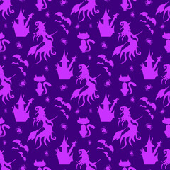 Flying halloween witch shape, cat, castle, moon, spiders and bats on violet background. Vector illustration.