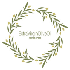 Circular frame of olive branches, olives and leaves, isolated on white background