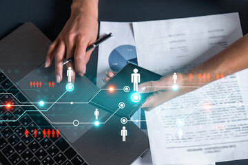Social network theme hologram and a woman signing contract use phone. Multiexposure.