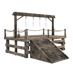 3D illustration of a wooden gallows platform with four ropes isolated on white. - obrazy, fototapety, plakaty