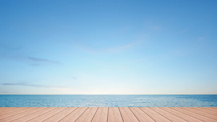 Fototapeta premium empty wood deck pier with sea ocean view background calm and tranquil