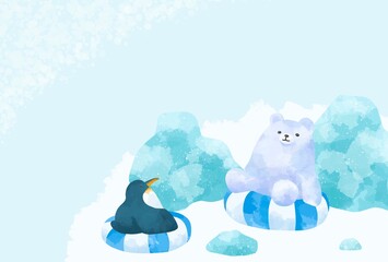 浮き輪で浮かぶシロクマとペンギンのイラスト © Hirose