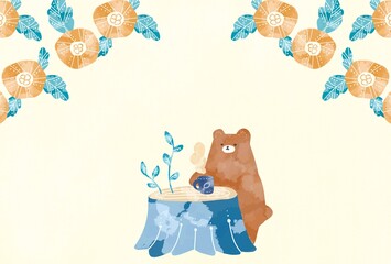 お花畑でお茶をするくまのフレーム