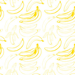 Vector seamless pattern with illustration of bananas in line art yellow color on a white