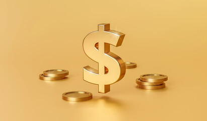 Gold dollar sign or finance money currency on golden background with financial investment. 3D rendering.