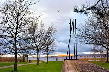 City park near Parnu bay in evening. It a bay in the northeastern part of the Gulf of Livonia (Gulf of Riga), in southern Estonia.