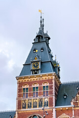 Naklejka premium Building details of the Rijksmuseum Dutch national museum of arts and history in Amsterdam. The current main building was designed in 1885.