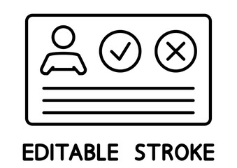 Personal medical card with check mark. Outline icon card for different purpose. Immune certificate. Immunization concept. Editable stroke. Thin line symbol on white background. Vector