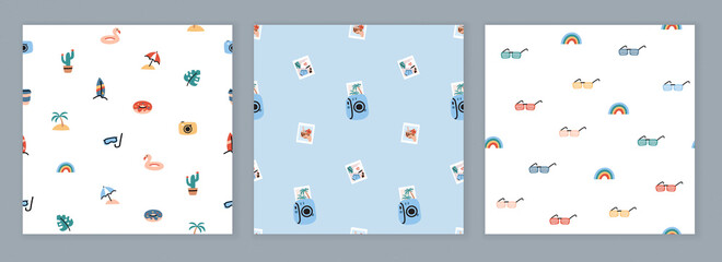Naklejka premium Set of seamless design with trendy summer icons. Repeat pattern with various drawings related to summer time and vacation. Vector cartoon illustration.