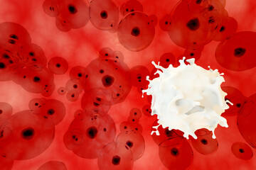 Abstract cells and white cell on a red. Bacteria or virus. Medical background. 3d rendering. High resolution.