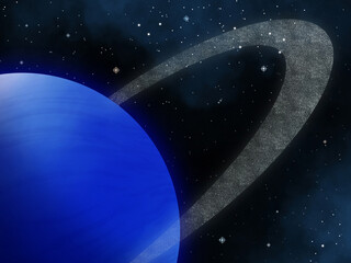 Blue planet with rings. Gas giant. Space illustration.