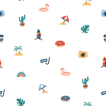 Seamless pattern with summer icons. Repeat design with beach and vacation items- swim ring, umbrella, surf, snorkeling mask, instant photo camera. Flat vector illustration