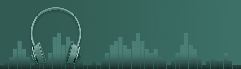 Headphones with digital audio signal on green background with copy space. Radio broadcasting, streaming music, podcasting, or djing banner