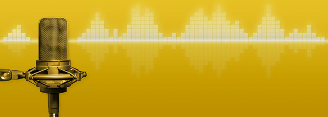 Broadcast, radio or podcast banner with microphone and digital audio waveform on yellow background...