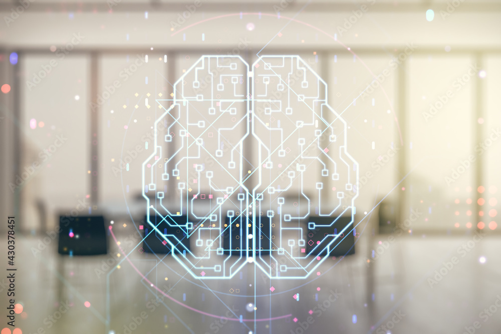 Poster double exposure of creative artificial intelligence interface on a modern meeting room background. n