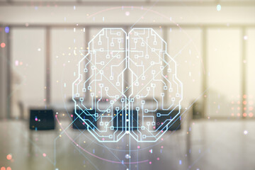 Double exposure of creative artificial Intelligence interface on a modern meeting room background. Neural networks and machine learning concept