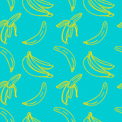 Fototapeta na wymiar Vector seamless pattern with illustration of bananas in line art yellow color on a blue