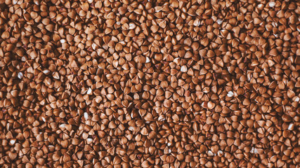 Top view of a large amount of buckwheat groats, prepared for cooking a side dish for food. Harvest. Vegetarian food.