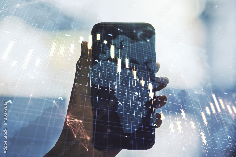 Poster multi exposure of abstract creative financial chart with world map and hand with cell phone on backg