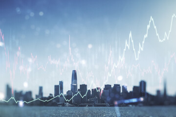 Double exposure of abstract creative financial chart hologram on San Francisco skyscrapers background, research and strategy concept