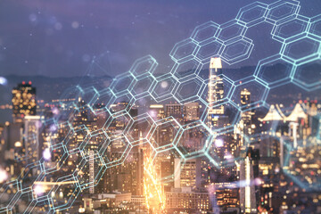 Abstract virtual wireless technology hologram with hexagon on San Francisco skyline background. Big data and database concept. Multiexposure