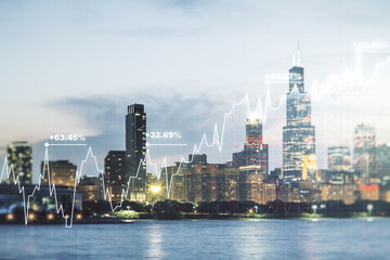 Fototapeta na wymiar Abstract virtual financial graph hologram on Chicago cityscape background, financial and trading concept. Multiexposure