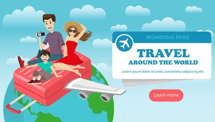Landing page templates of travelling. Happy family flies on a suitcase in the form of an airplane around the world. Vector illustration with Earth background. Concept for webpage or app design