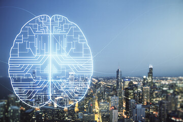 Virtual creative artificial Intelligence hologram with human brain sketch on Chicago cityscape background. Double exposure